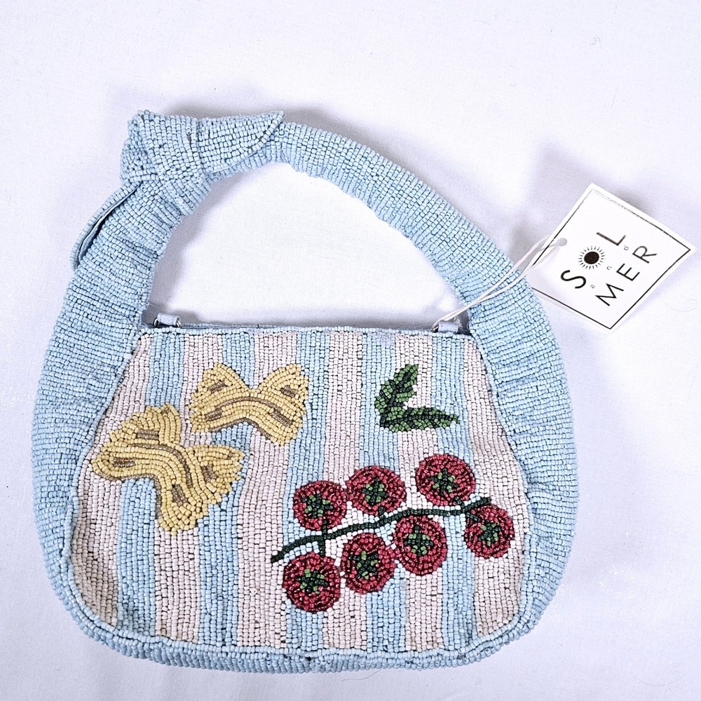Sol and Mer Beaded Pasta Tomato Handbag Blue White Stripe Farfalle Bag NEW